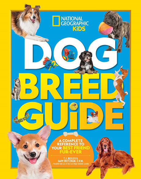 Cover of national geographic kids' "dog breed guide," featuring a variety of playful dogs engaging in different activities, with a prominent, cheerful corgi at the forefront.