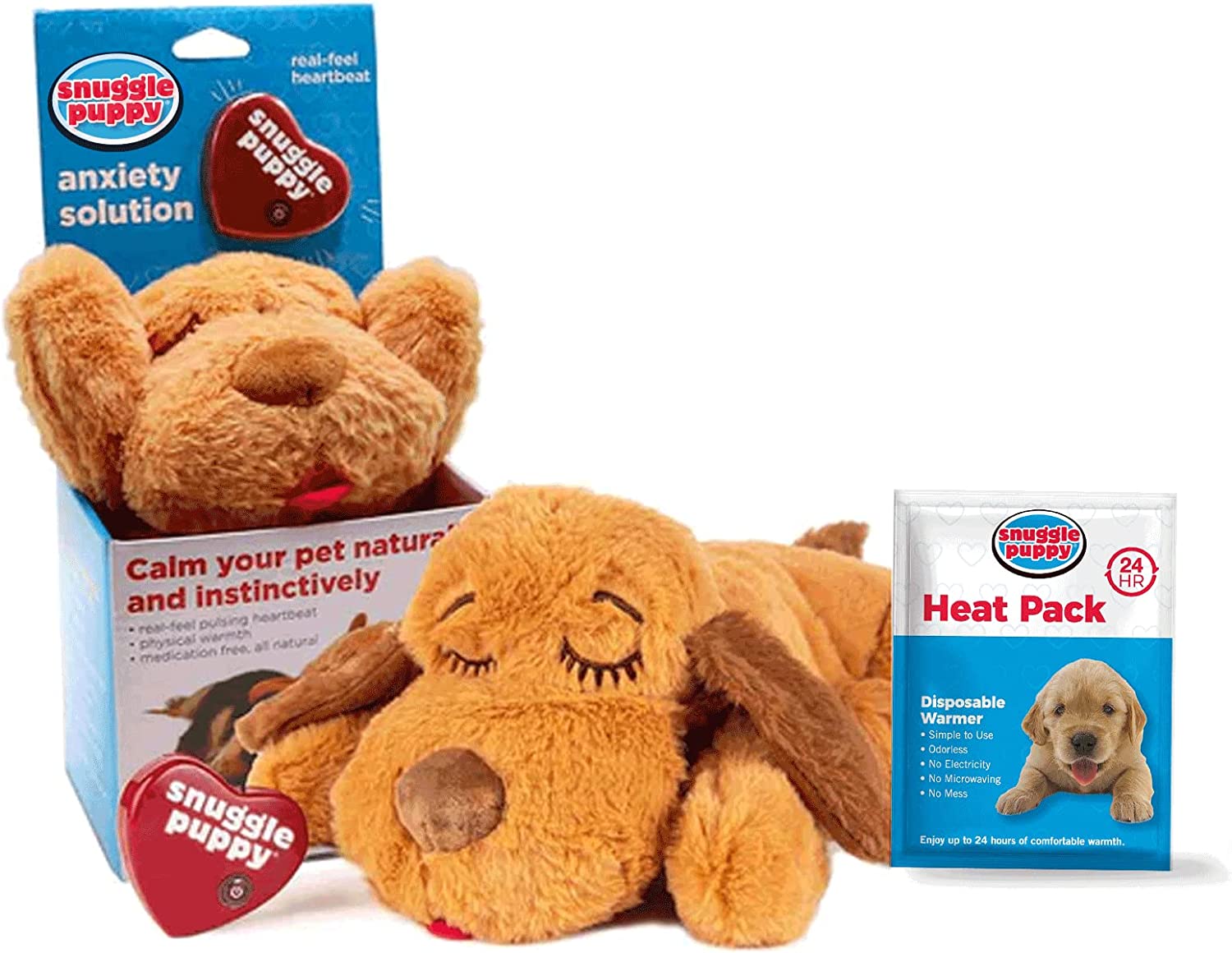 A plush puppy toy designed to alleviate anxiety in pets, featuring a "real-feel" heartbeat and a disposable heat pack for added comfort.