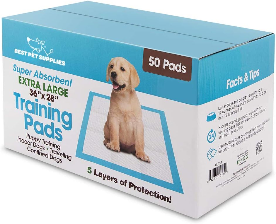 A box of extra-large puppy training pads featuring a cute, smiling puppy sitting next to an open pad, with a blue and white design highlighting 5 layers of protection and a capacity of 50 pads.