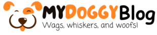 Logo of "my doggy blog" featuring an orange and black design with a stylized paw print.